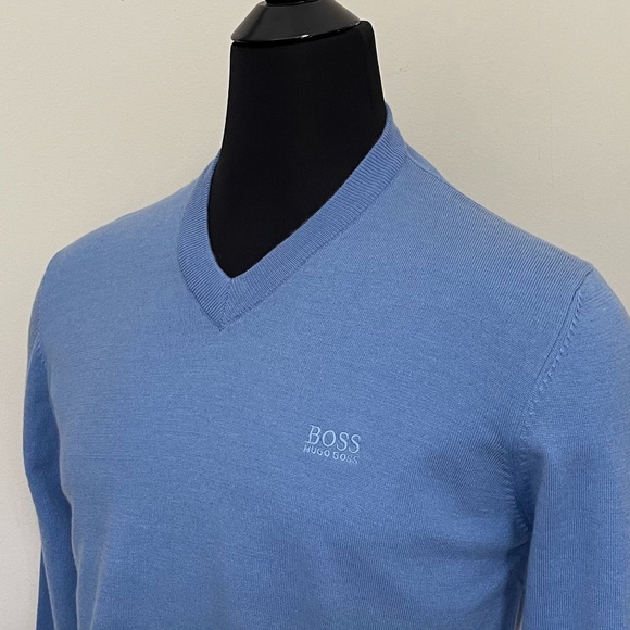 New Hugo Boss Sweater V neck Blue Wool Sweater Pullover - Picture 1 of 6